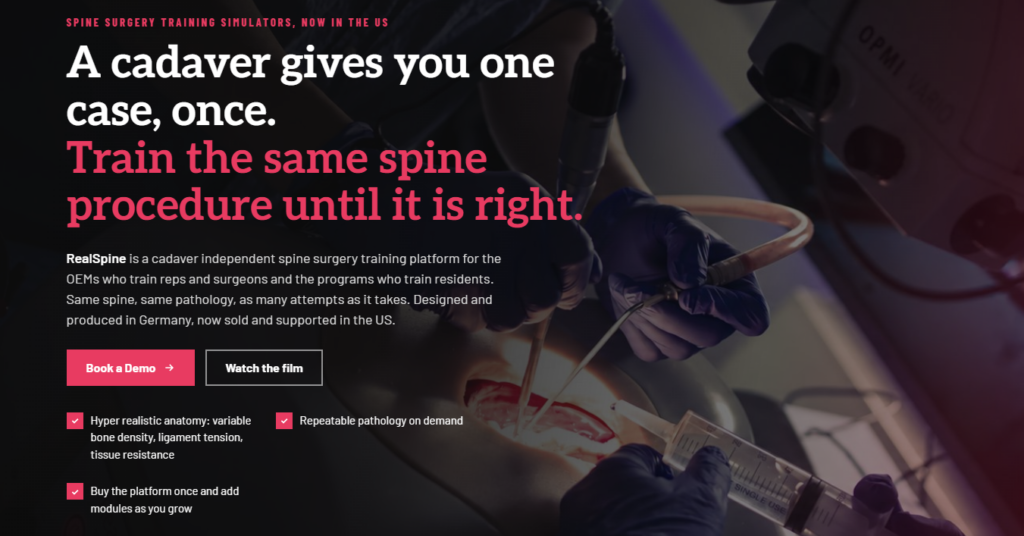 Realists USA website hero: RealSpine cadaver independent spine surgery training simulators, now sold and supported in the US