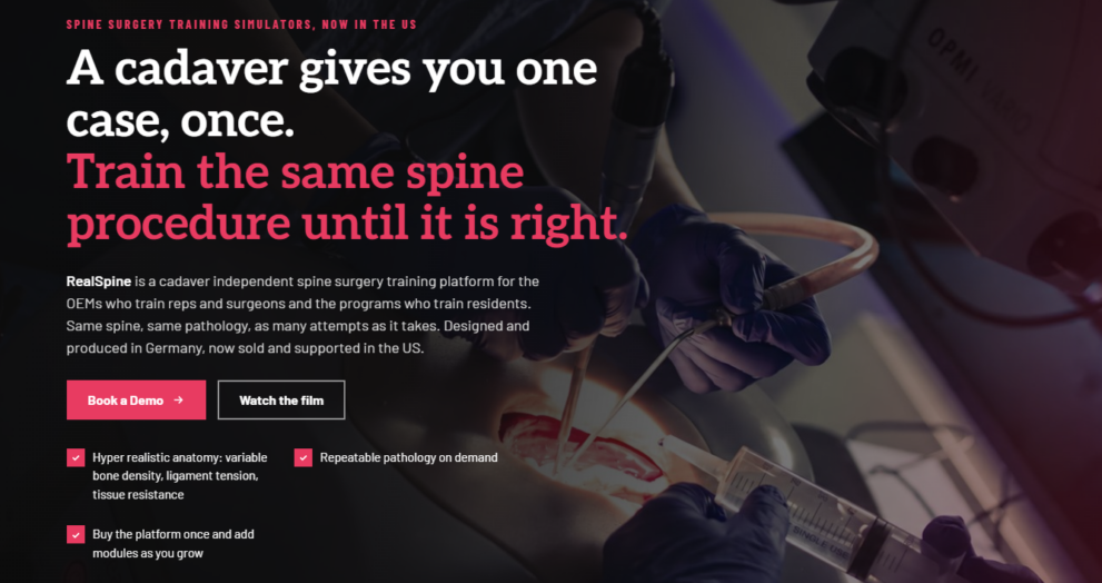Realists USA website hero: RealSpine cadaver independent spine surgery training simulators, now sold and supported in the US