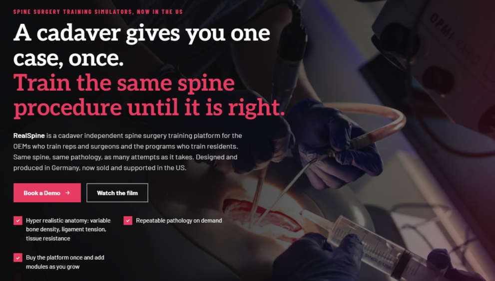 Realists USA website hero: RealSpine cadaver independent spine surgery training simulators, now sold and supported in the US