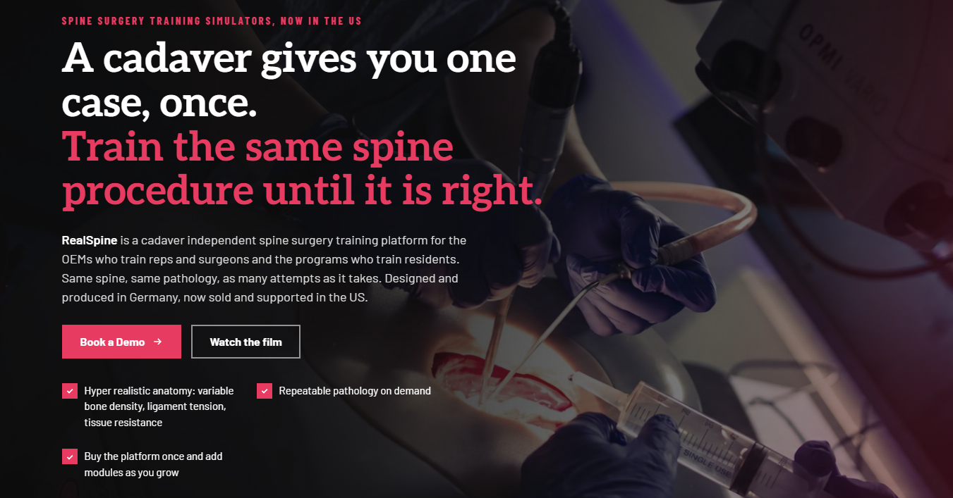 Realists USA website hero: RealSpine cadaver independent spine surgery training simulators, now sold and supported in the US
